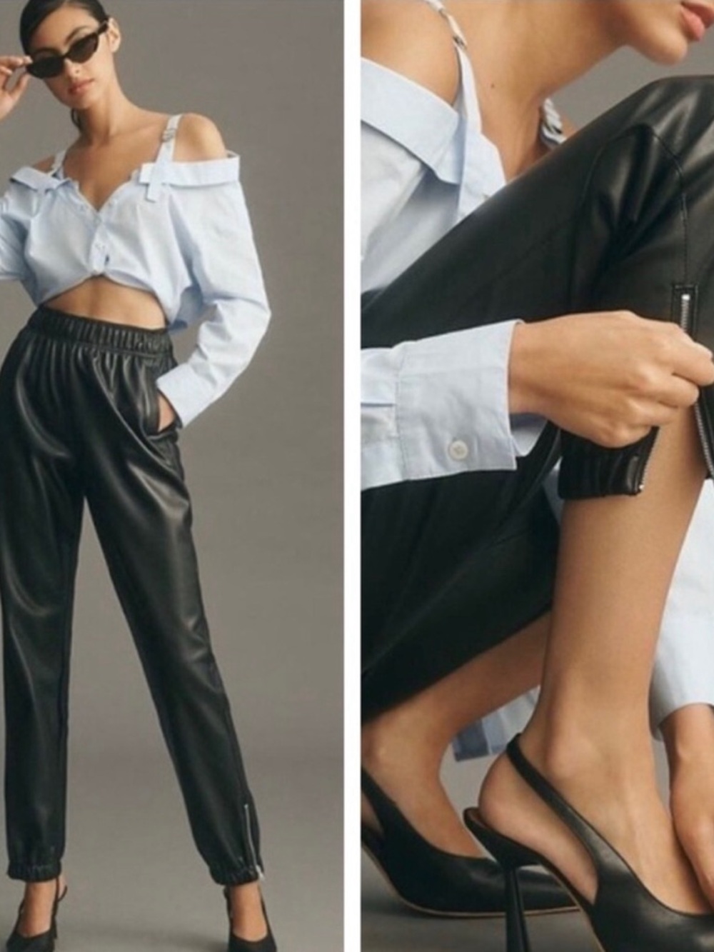 Avec Les Filles Black Faux Leather Jogger Pants with Zip Cuffs - Picture 1 of 6